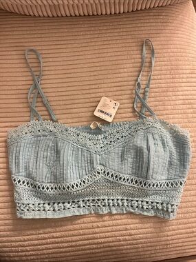FP Lt Blue Crochet Lace Detail Bralette - Large NWT